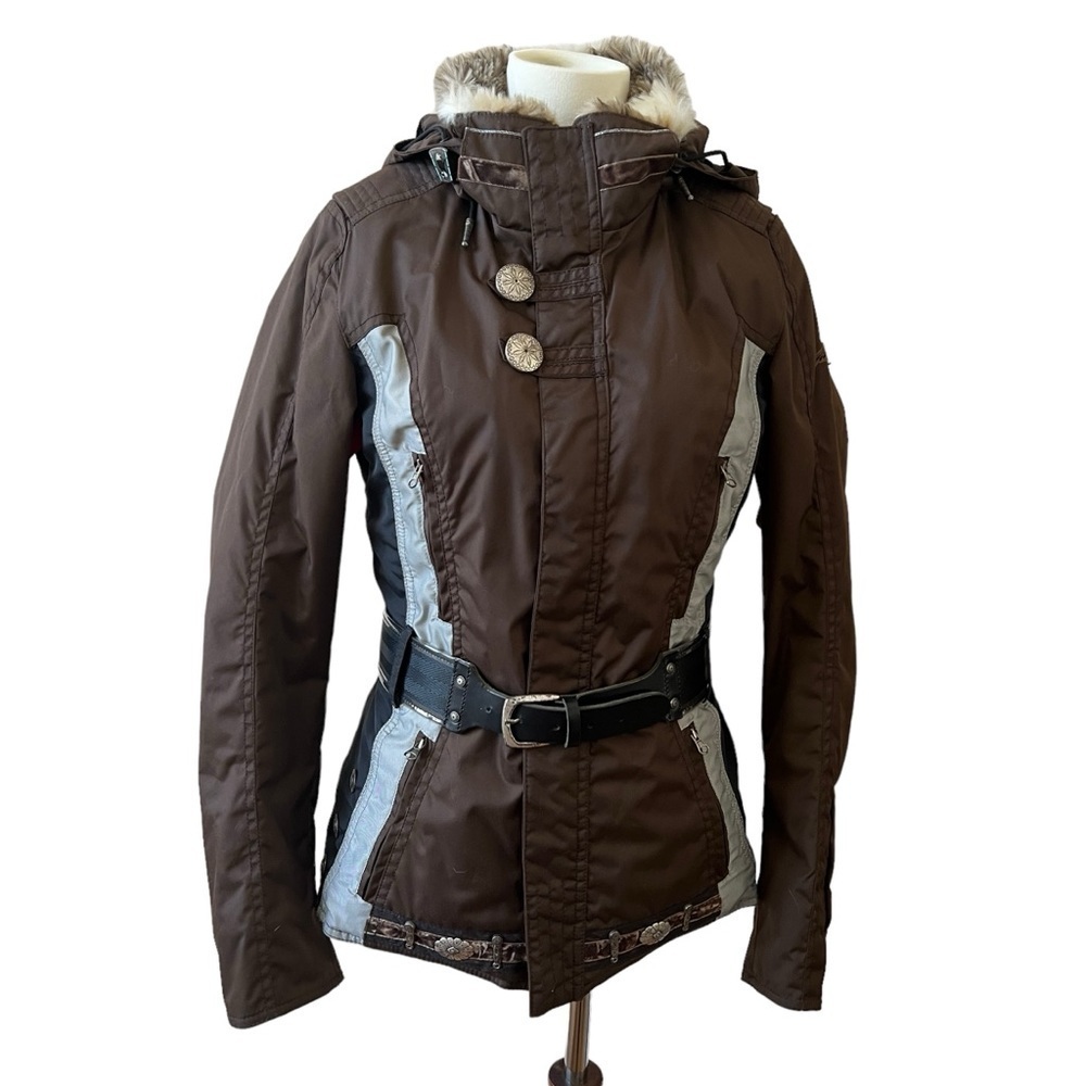 HELL IS FOR HEROES SKI JACKET BELTED AZTEC HOOD POCKETS FULL ZIP SNAP FRONT 42-6